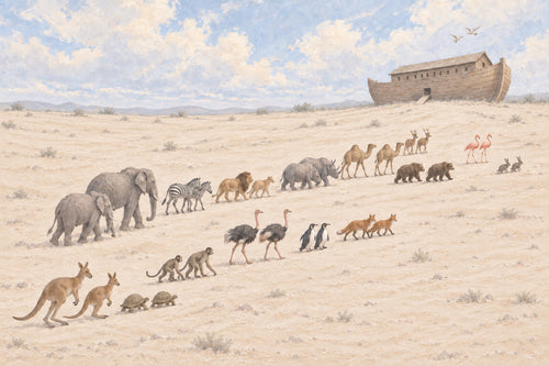 Noah's Ark art print — pairs of animals walking up a sand dune toward the ark under a wide pale sky