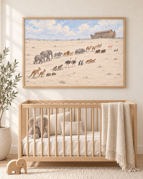 Noah's Ark print framed in light oak above a wooden cot in a cream nursery