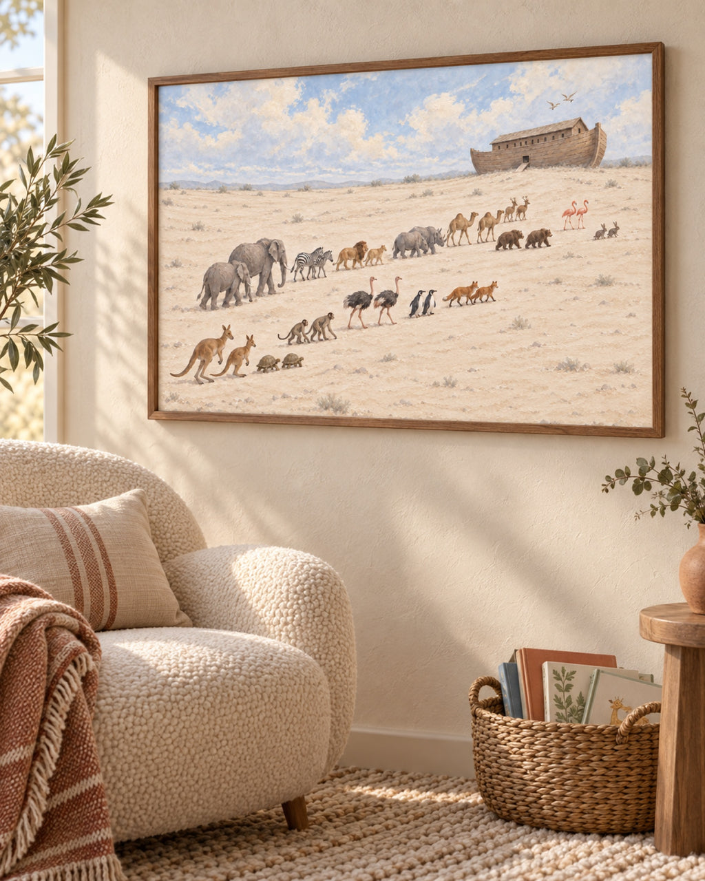 Noah's Ark print on the wall of a children's reading nook