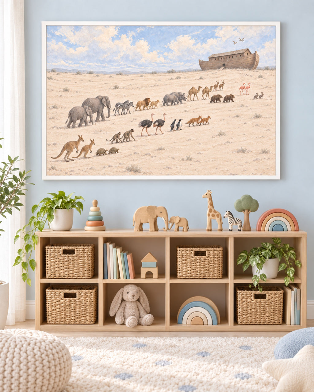 Noah's Ark print framed on a playroom wall above toy storage