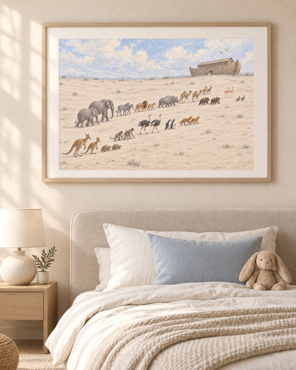 Noah's Ark print hung in a child's bedroom above the bed