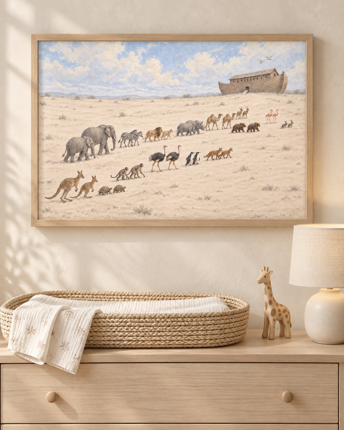 Noah's Ark print above a changing table in a neutral nursery