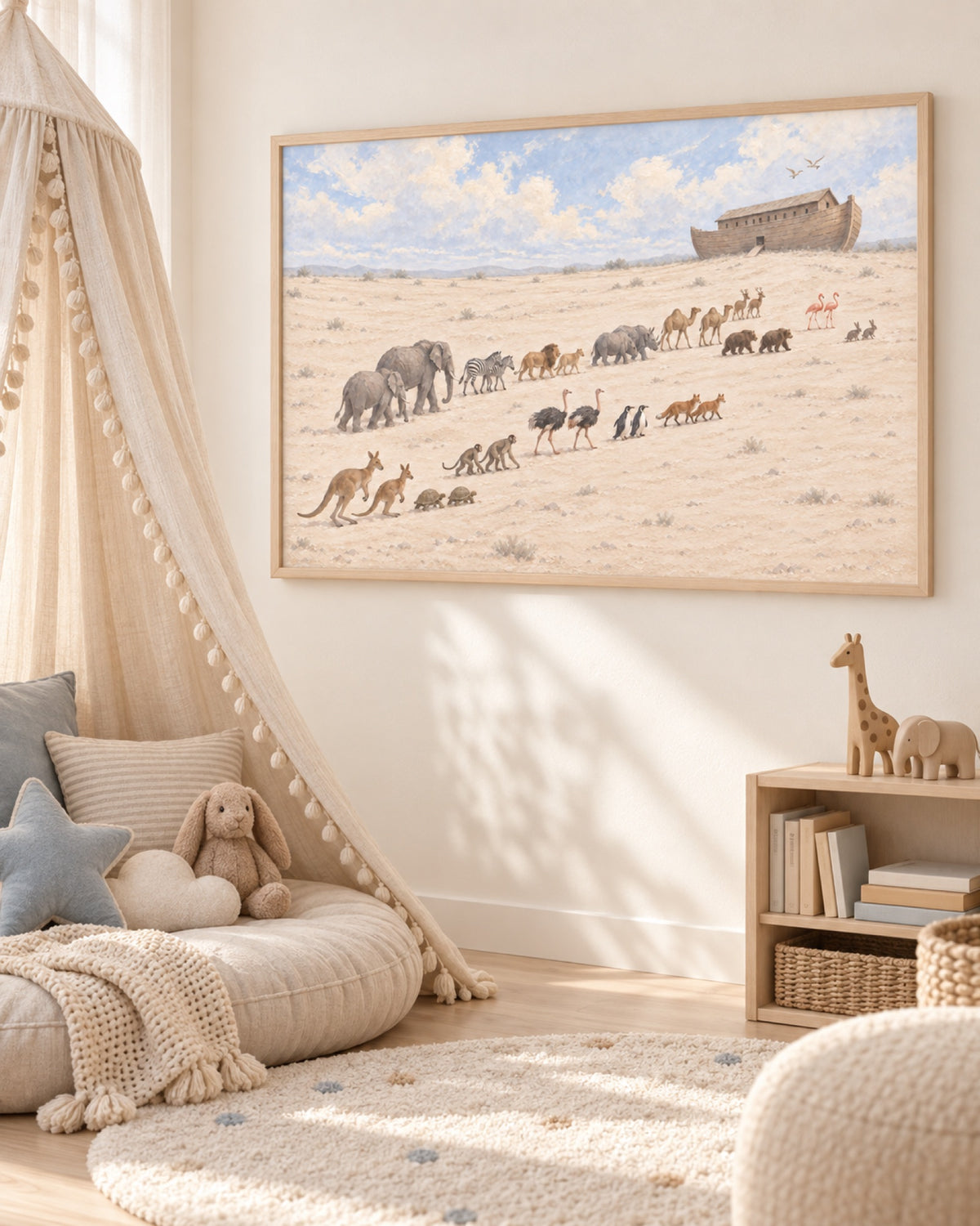 Noah's Ark print in a story corner with a low bookshelf and cushions