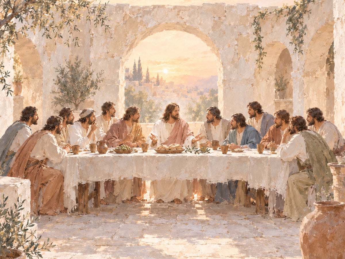 The Last Supper art print — thirteen figures at a long white-clothed table beneath a stone arch, golden light over Jerusalem behind them