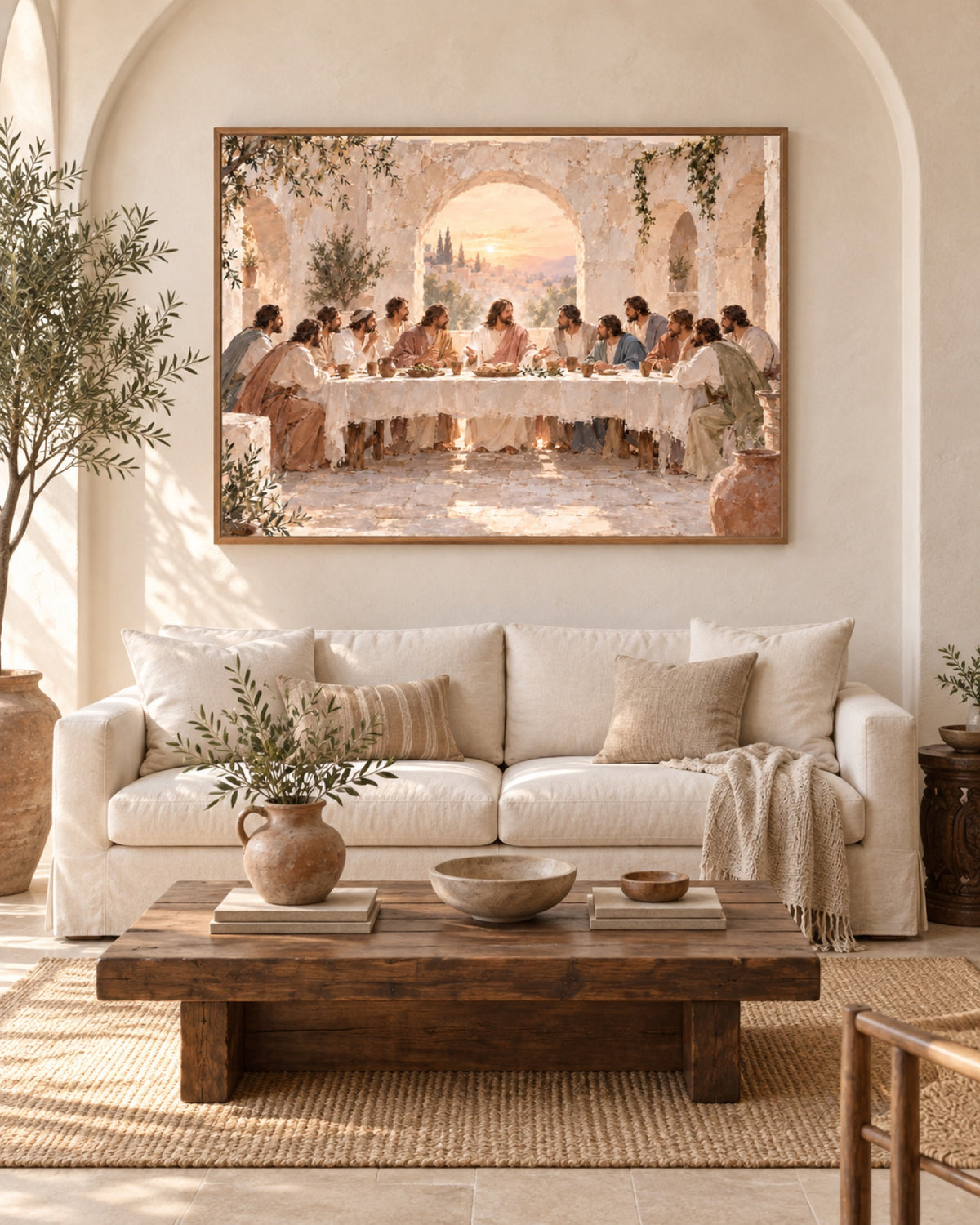 The Last Supper print framed in light wood on a white wall in a Spanish modern living room
