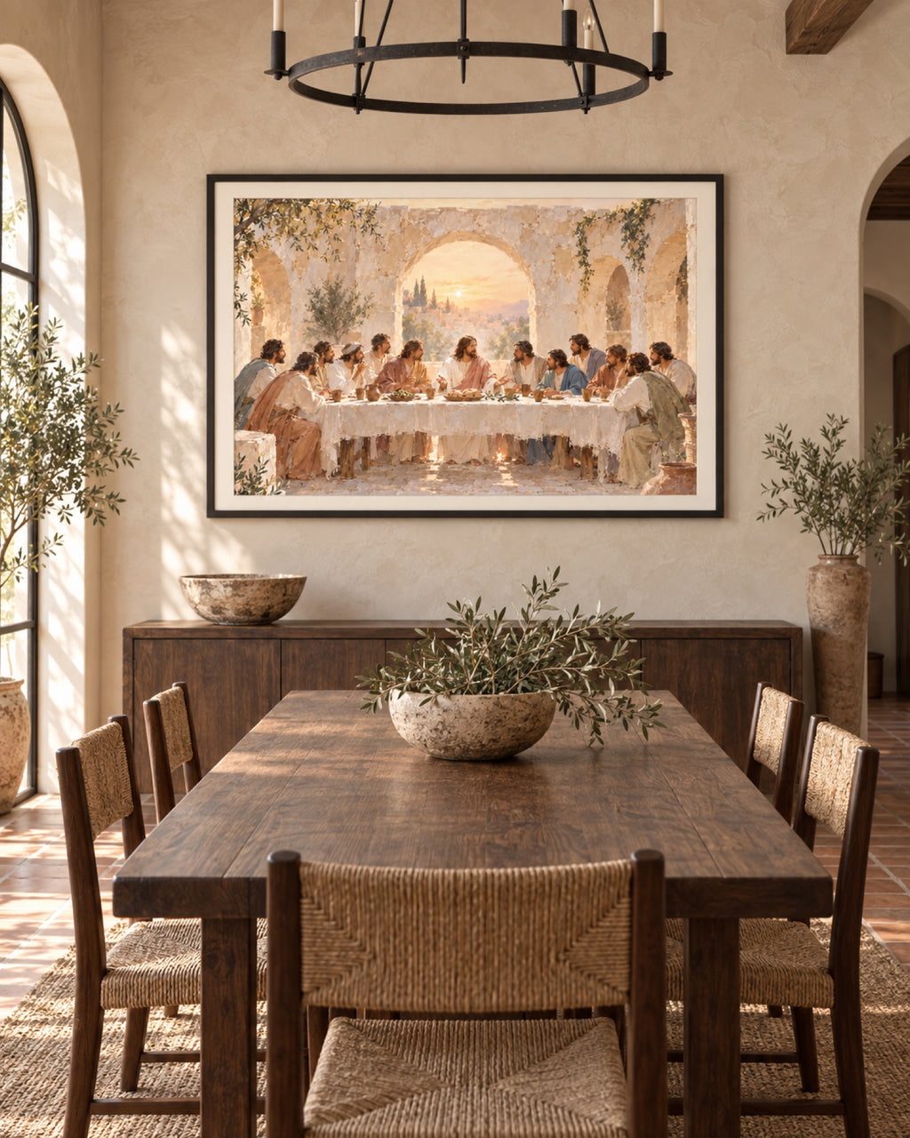 The Last Supper print hung above a table in a modern hacienda dining room