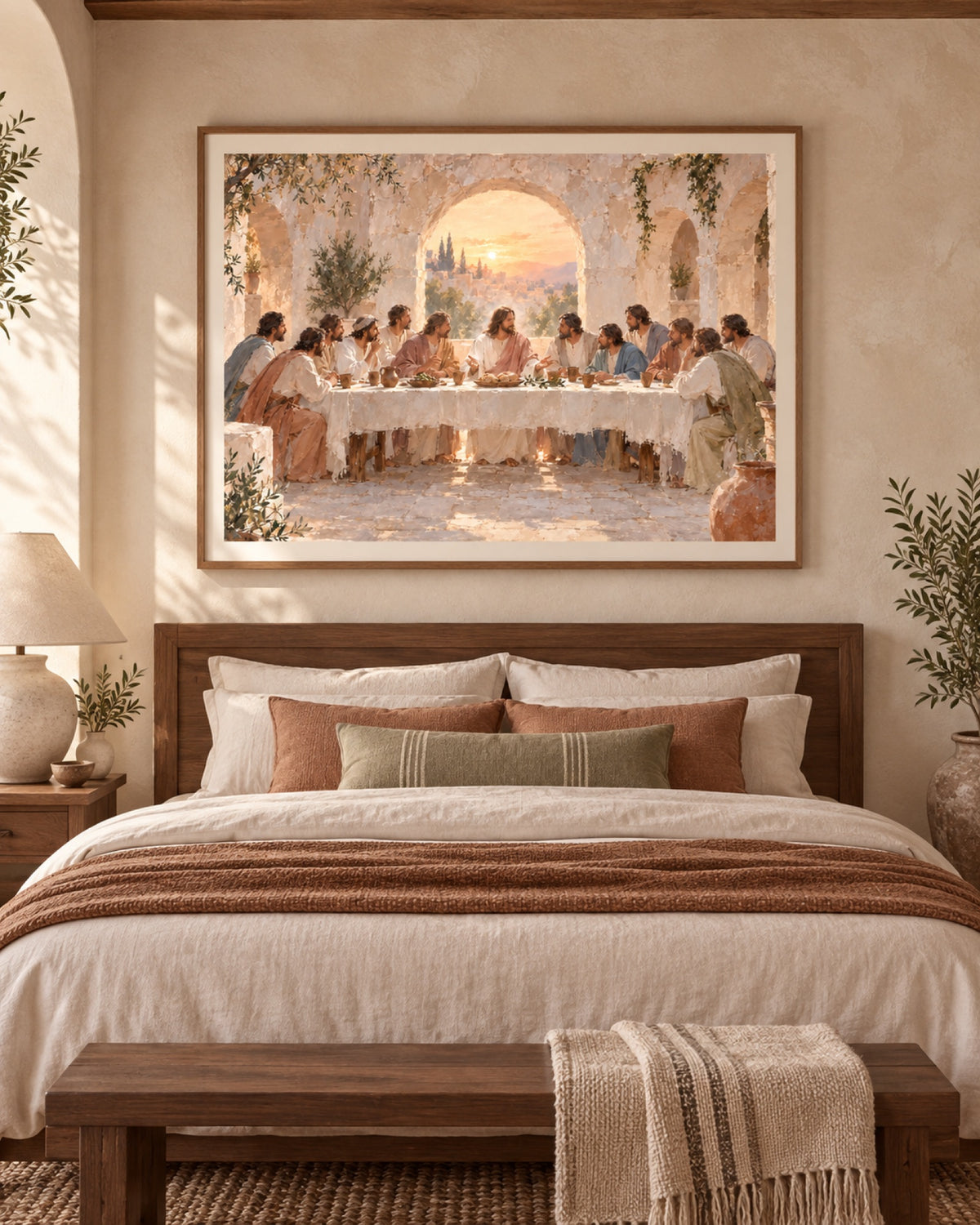 The Last Supper print framed above a bed in a Spanish modern bedroom