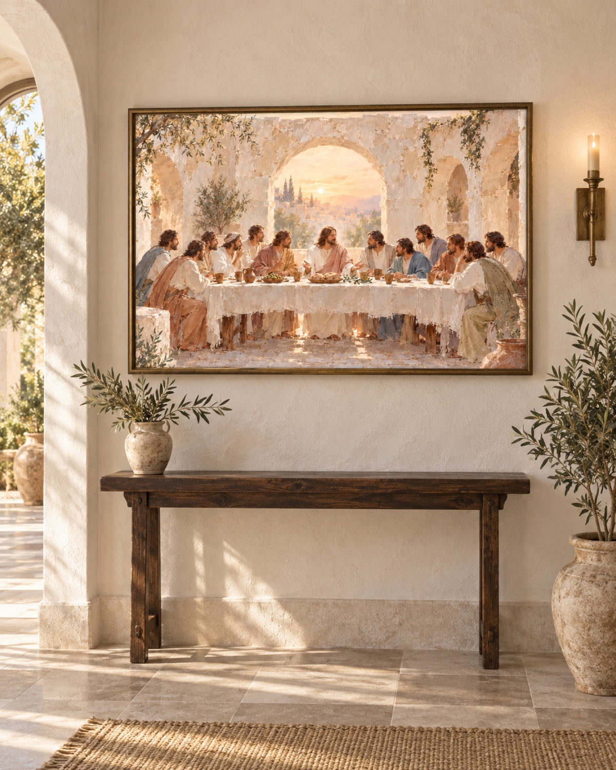 The Last Supper print on the wall of a Mediterranean entryway