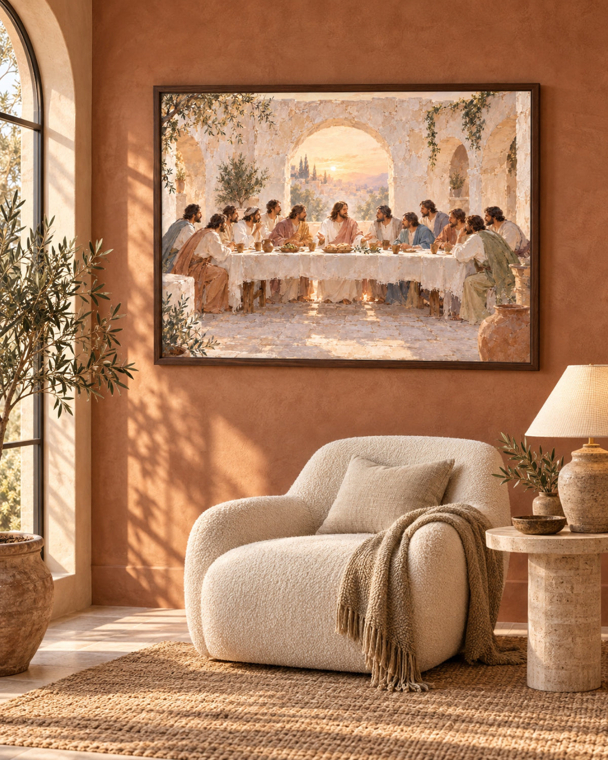 The Last Supper print in a Spanish-style reading nook beside an armchair